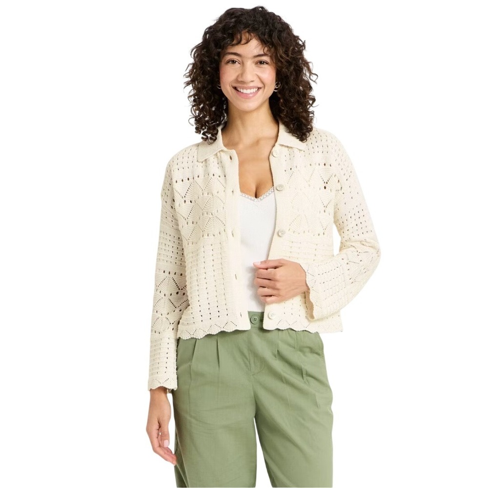 A New Day Women Cream Crochet Pointelle Button Front Long Sleeve Cardigan Size L